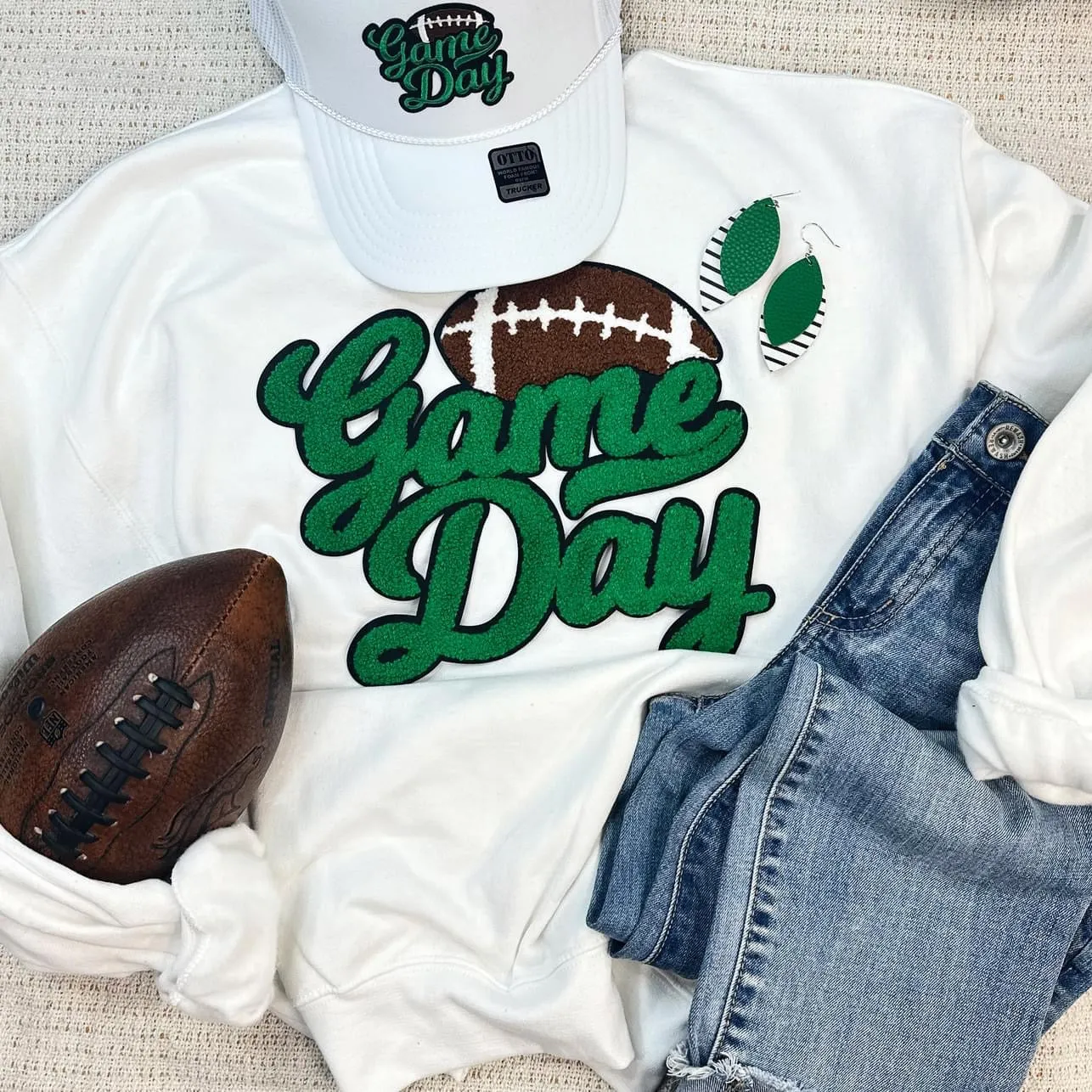 Chenille Green Game Day Football Crewneck Sweatshirt