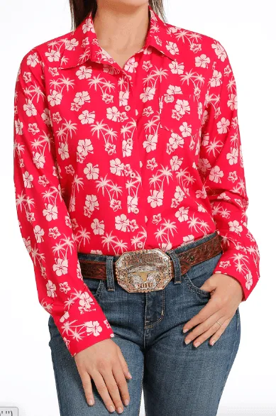 Cinch Women's ArenaFlex Fuchsia Hibiscus Print Button Long Sleeve Western Shirt MSW9163015