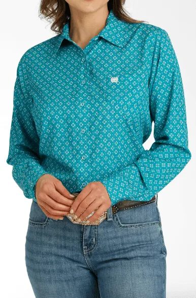 Cinch Women's ArenaFlex Teal Geo Print Button Long Sleeve Western Shirt MSW9163026