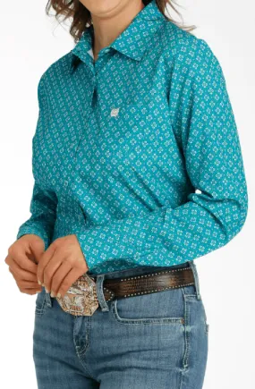 Cinch Women's ArenaFlex Teal Geo Print Button Long Sleeve Western Shirt MSW9163026