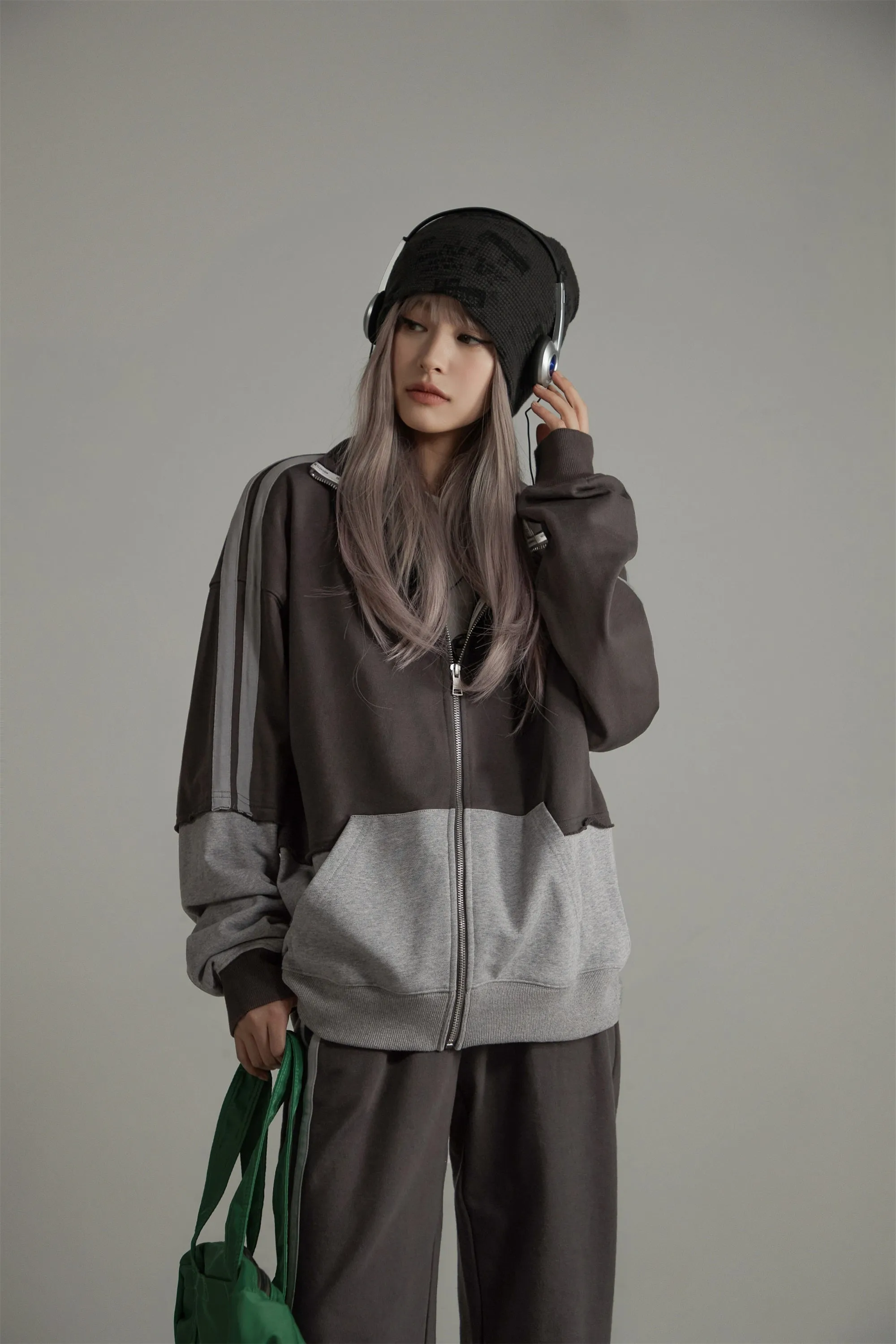 Color Matching Oversize Zip-Up Hoodie