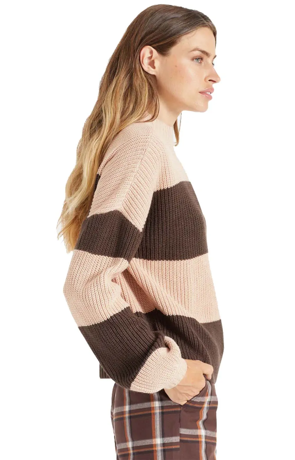 Colorblock Balloon Sleeve Pullover Sweater - Rose Dust