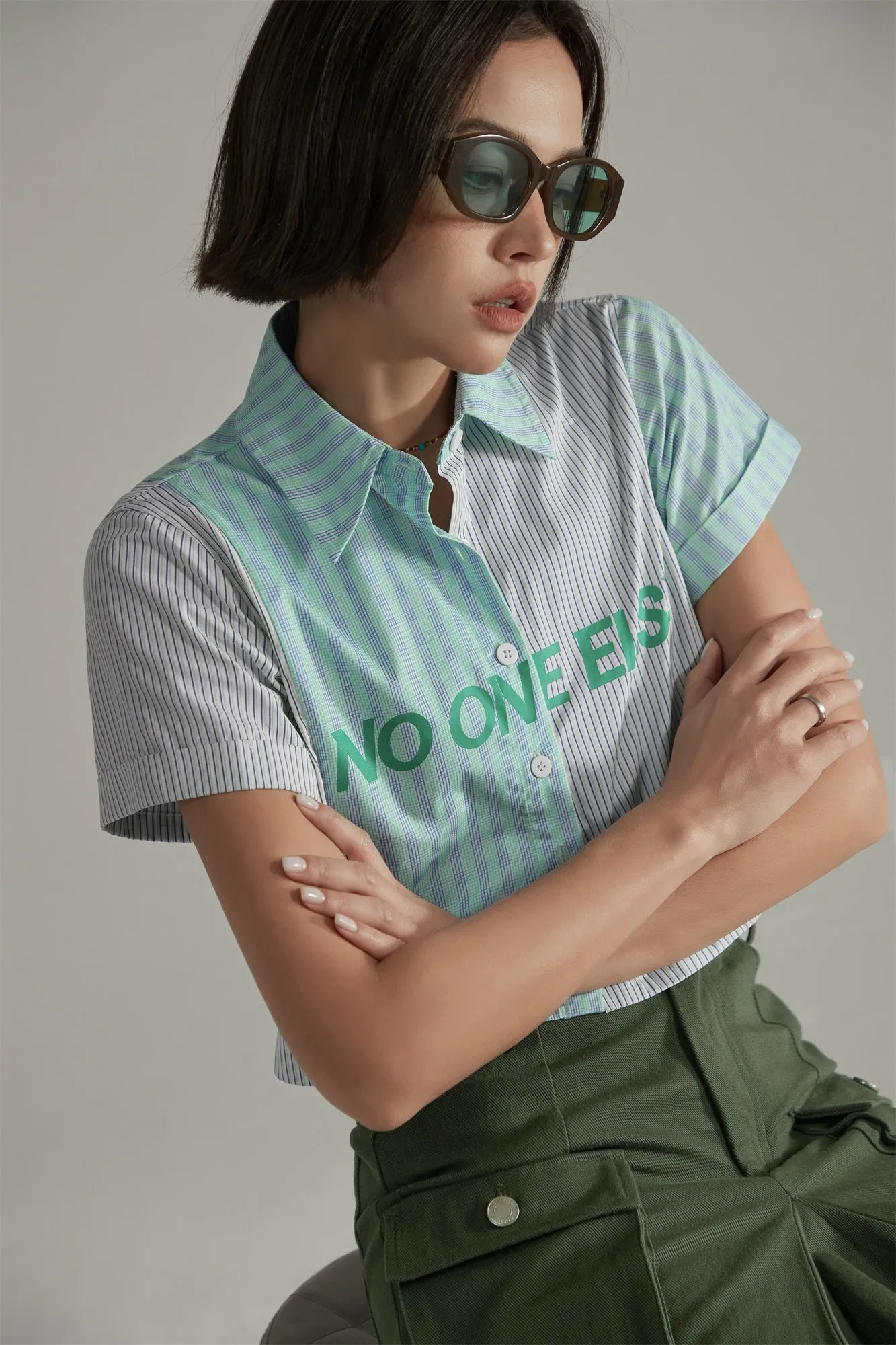 Contrast Cropped Noe Crop Button Up Shirt