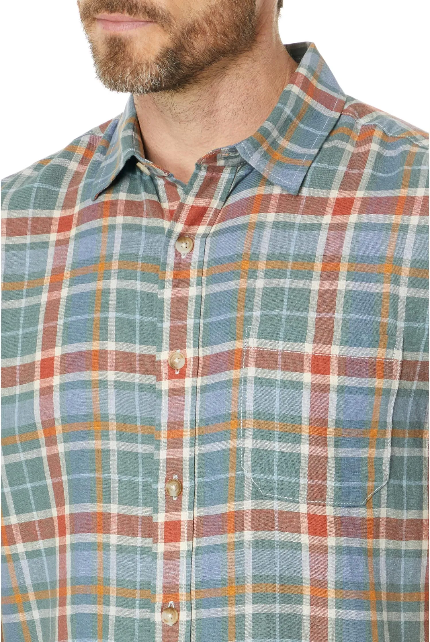 Dawson Pendleton Linen Short Sleeve Shirt, Green/Blue/Red Plaid