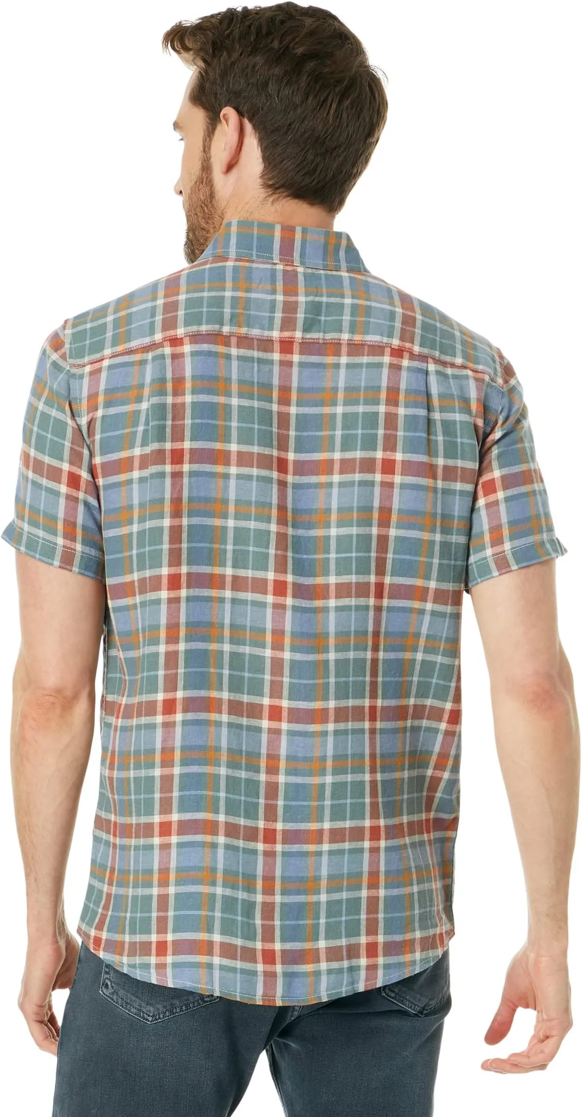 Dawson Pendleton Linen Short Sleeve Shirt, Green/Blue/Red Plaid