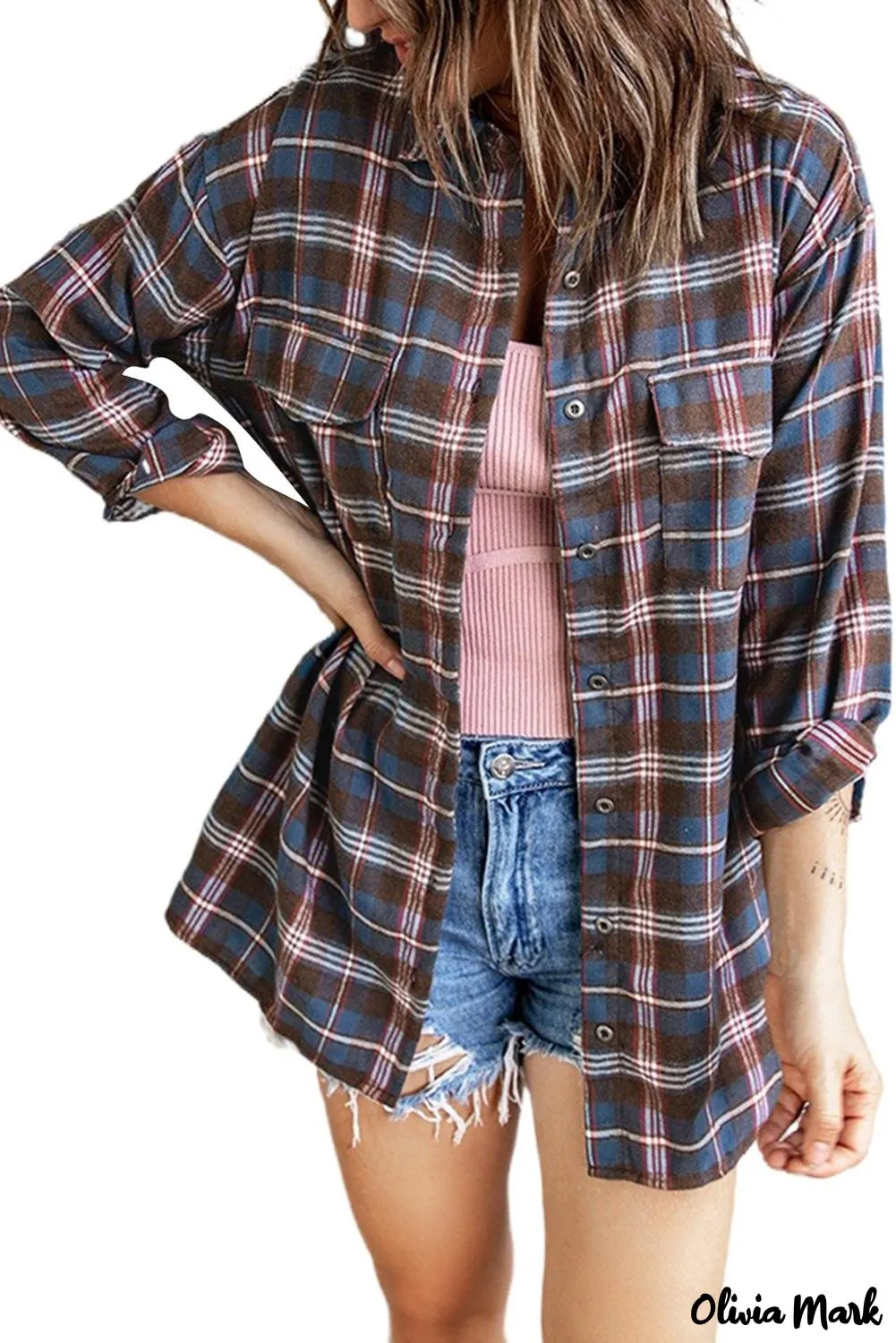 Deanwangkt - Brown Plaid Long Sleeve Button Pocket Shirt