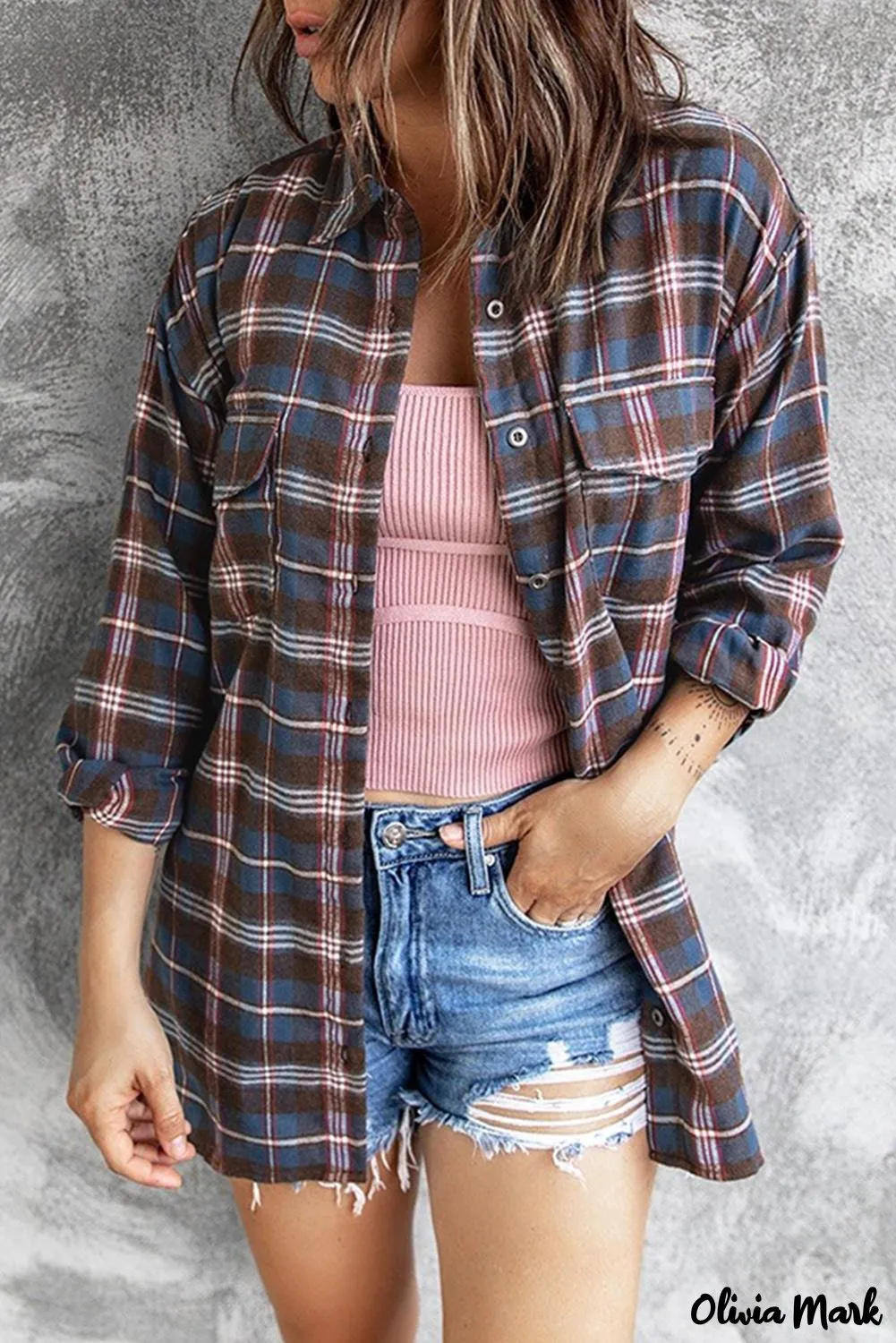 Deanwangkt - Brown Plaid Long Sleeve Button Pocket Shirt