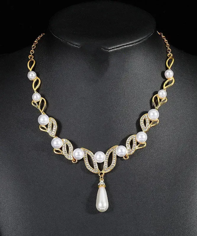 Elegant Gold Alloy Pearl Zircon Pendant Necklace ML0237