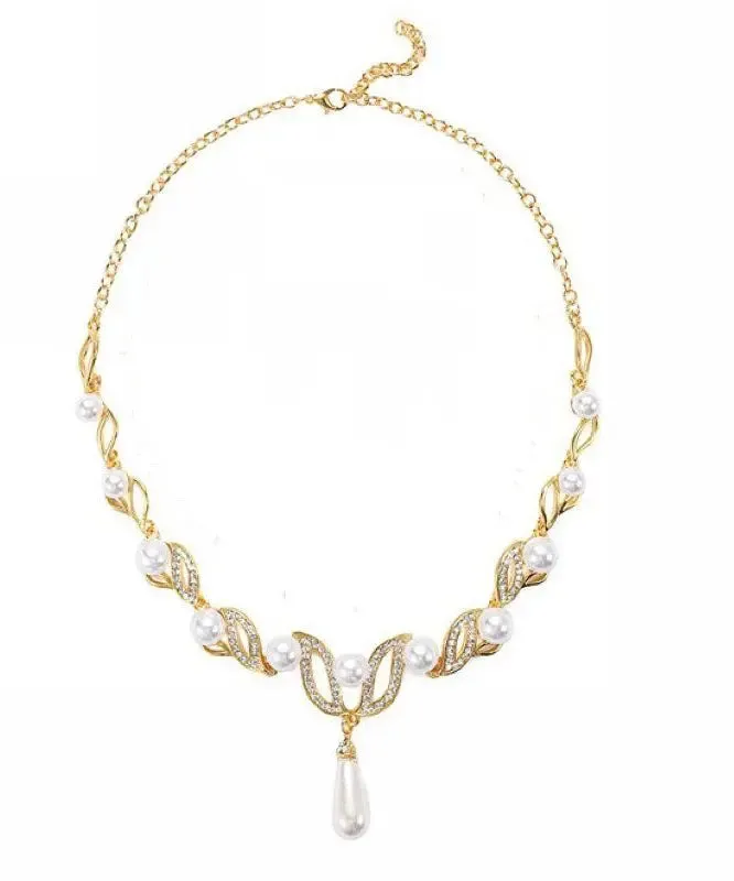 Elegant Gold Alloy Pearl Zircon Pendant Necklace ML0237