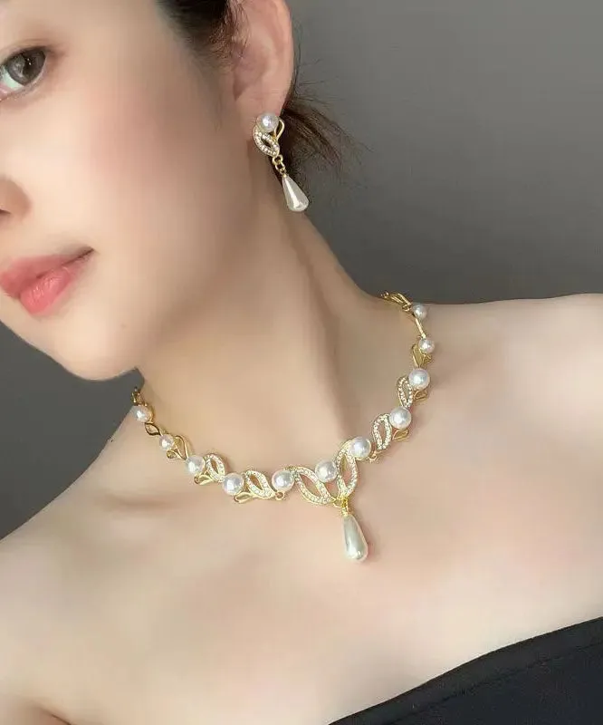 Elegant Gold Alloy Pearl Zircon Pendant Necklace ML0237