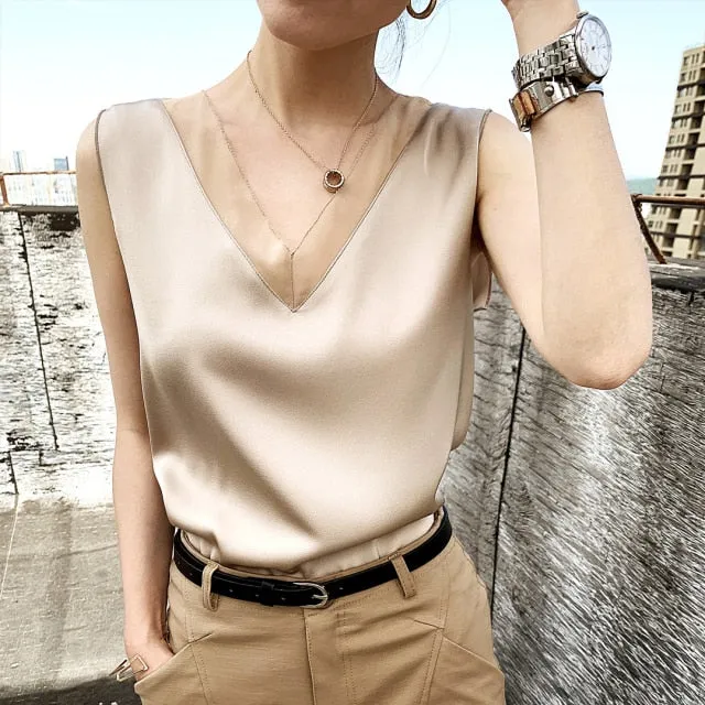 Elegant Vintage Women's V-neck Silk Blouses Plus Size