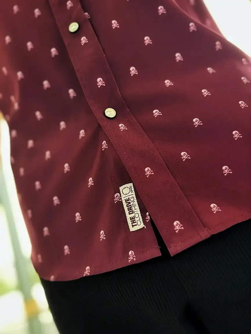 ESSENTIAL INFINITY SKULL MAROON PEARL SNAP BUTTON UP