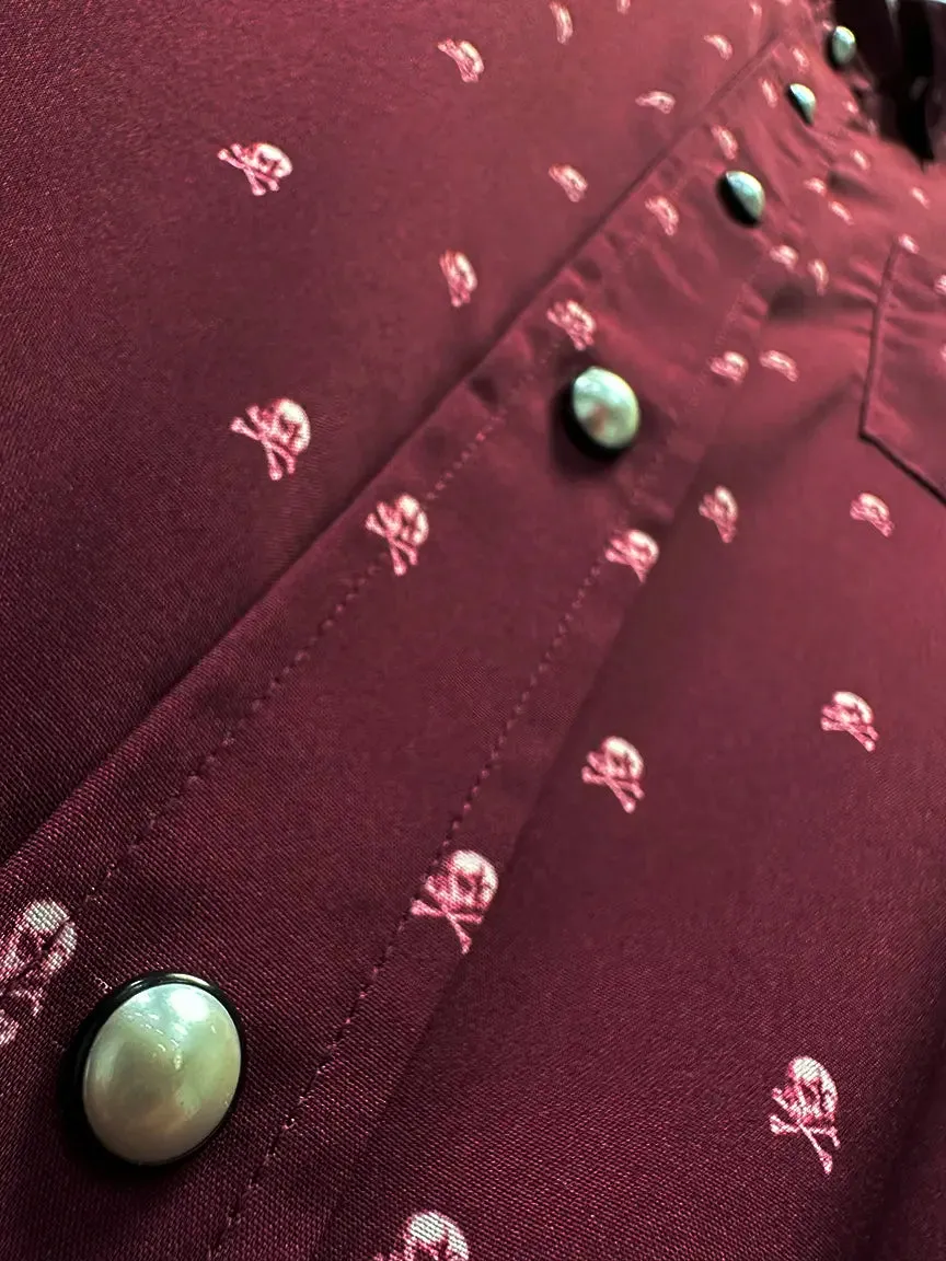 ESSENTIAL INFINITY SKULL MAROON PEARL SNAP BUTTON UP