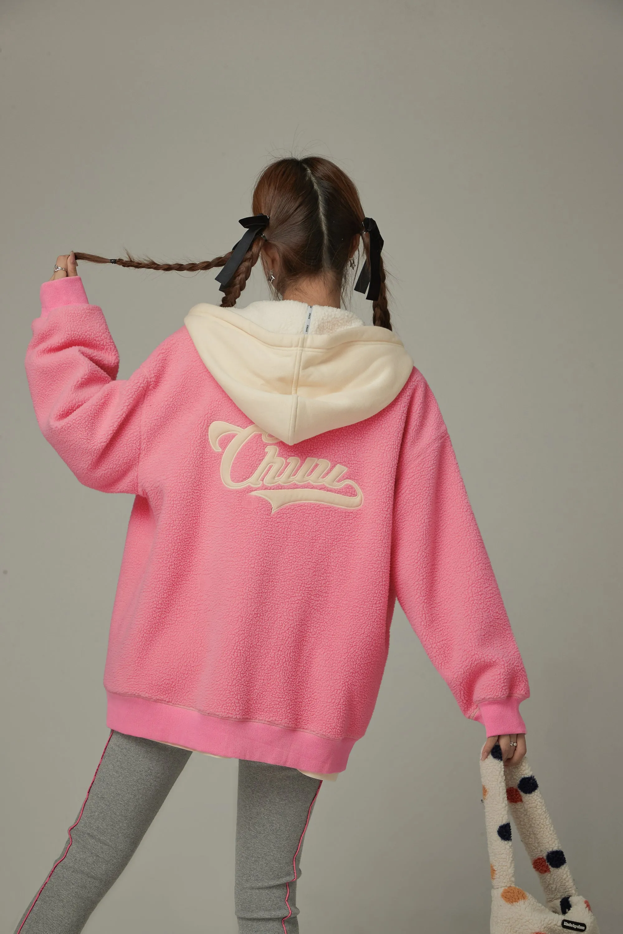 Fleece Color Combination Hooded Zip-Up