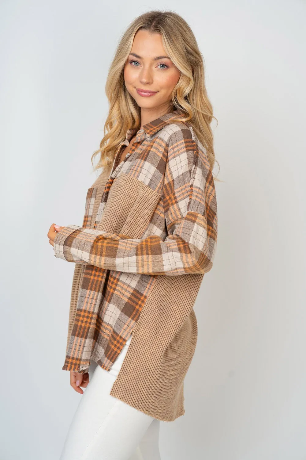 Full Size Contrast Plaid Button Down Shirt