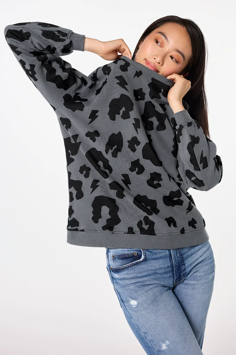 Grey with Black Mega Leopard Oversized Sweatshirt