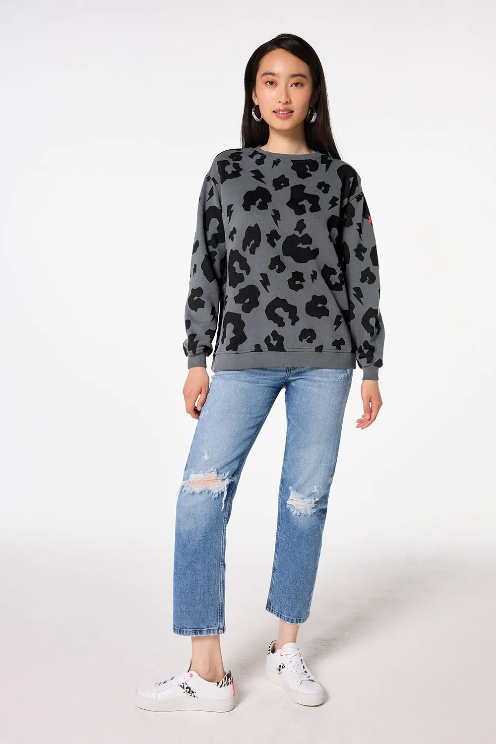 Grey with Black Mega Leopard Oversized Sweatshirt