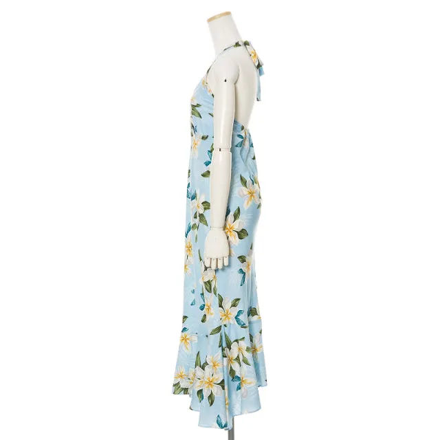 Halter Mid Length Light Blue Plumeria Floral Print Hawaiian Dress