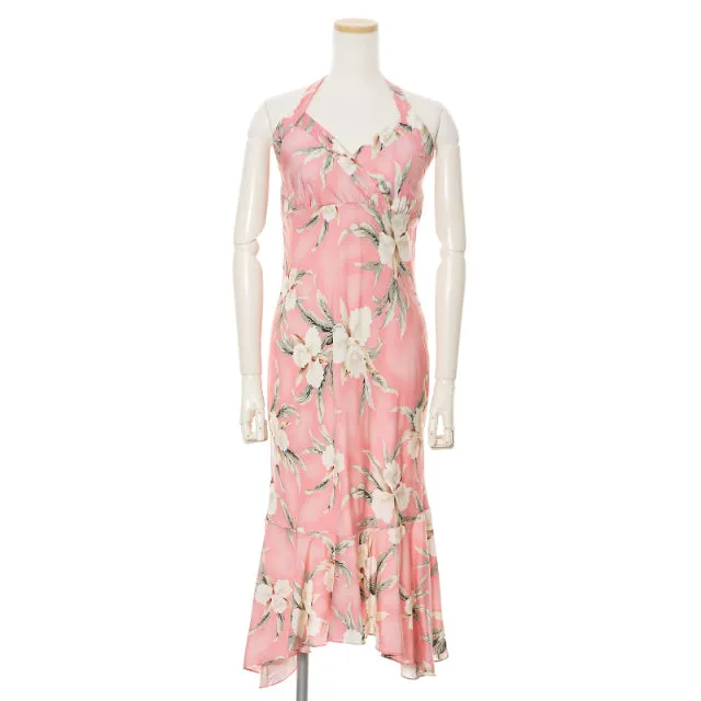 Halter Mid Length Pink Orchid Hawaiian Dress