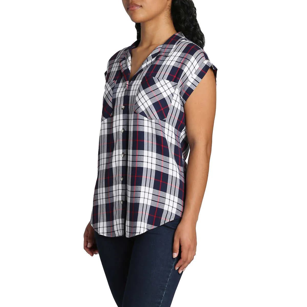 Jachs Girlfriend Women's V-Neck Collar Short Sleeve Button Down Top Blouse