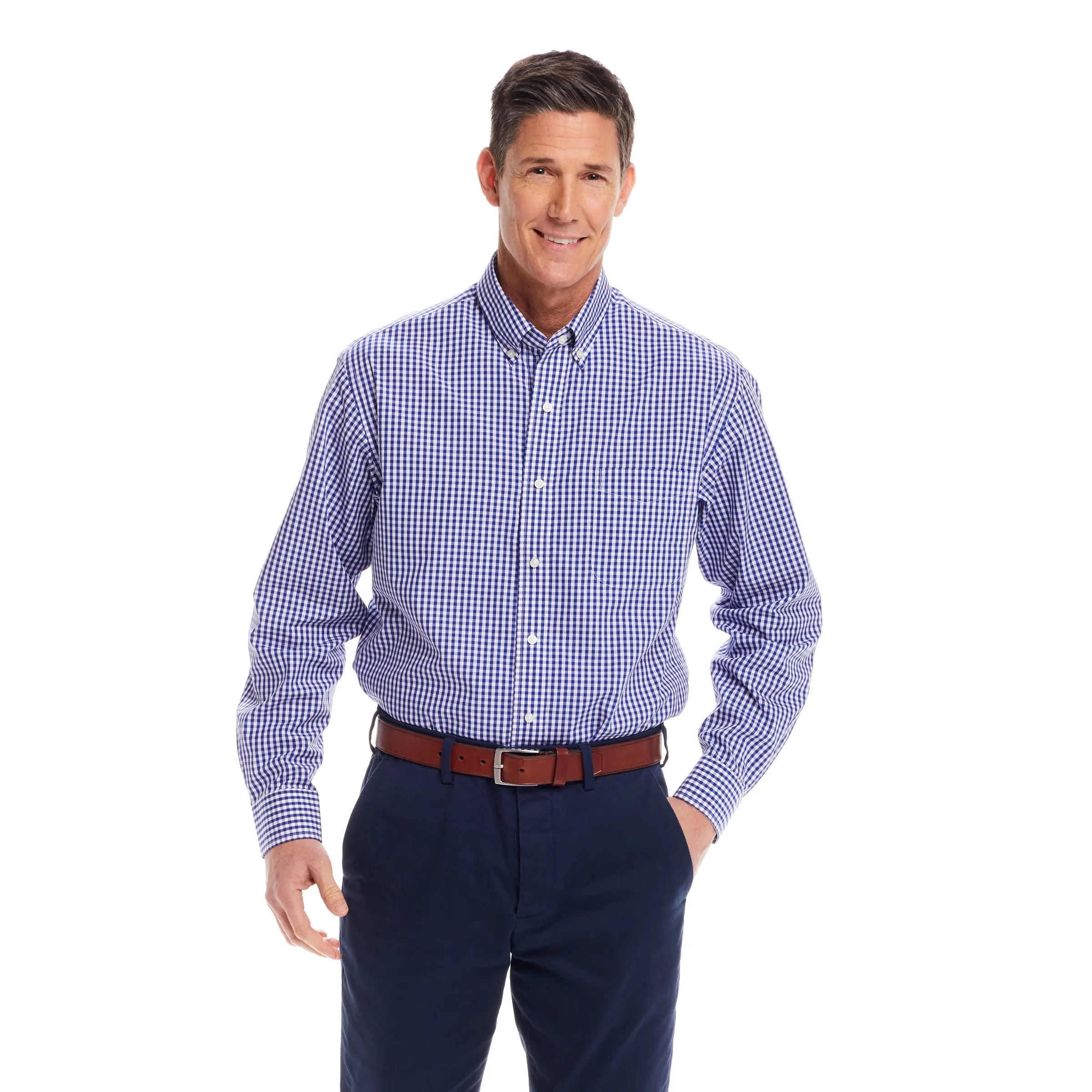 Long Sleeve Navy and White Classic Button Down Collar Plaid Shirt with Magnetic Closures