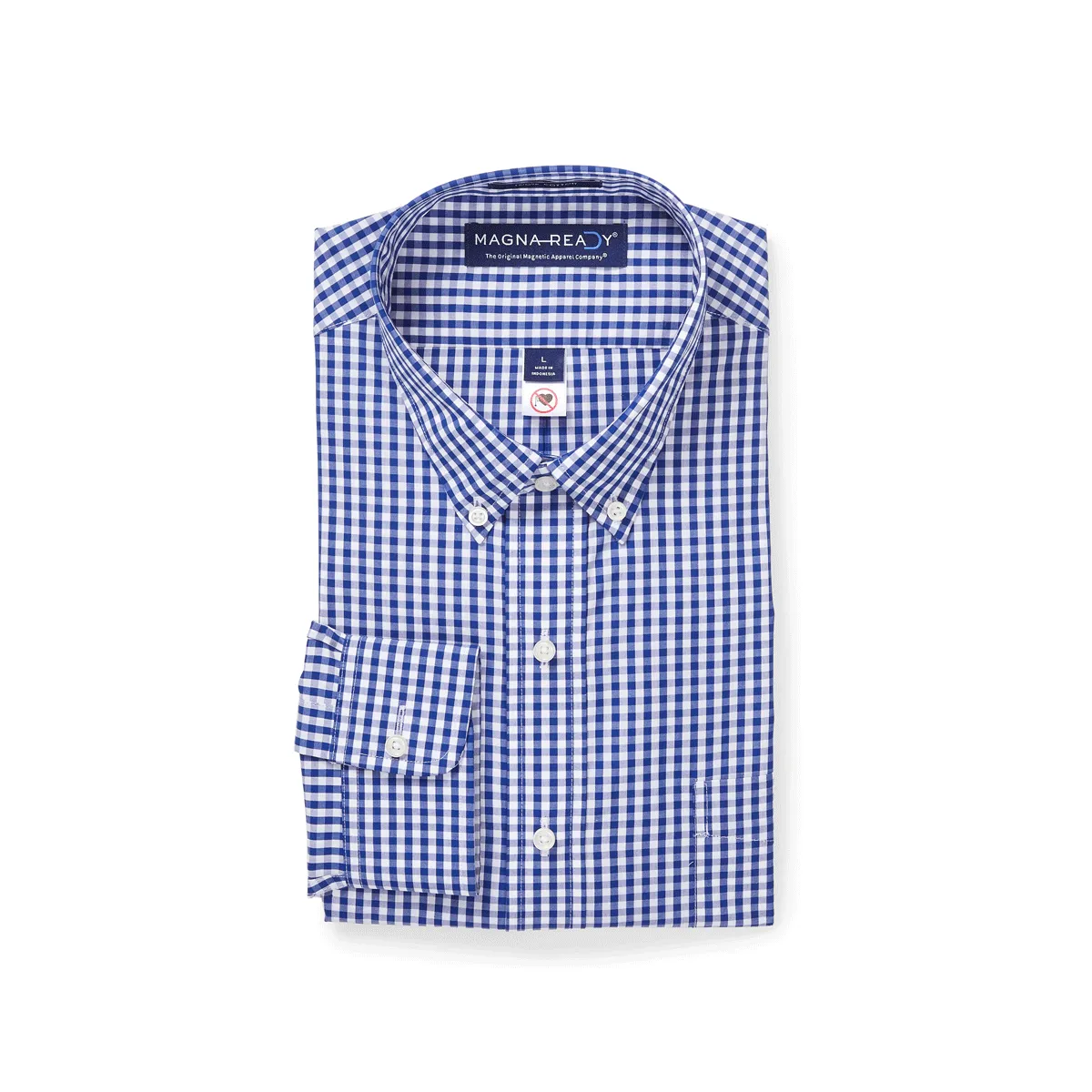 Long Sleeve Navy and White Classic Button Down Collar Plaid Shirt with Magnetic Closures