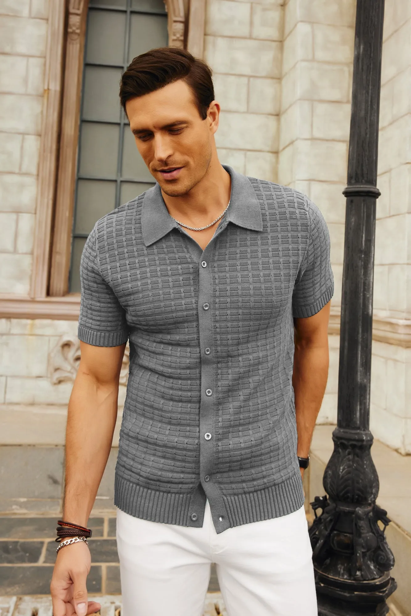 Mens Breathable Knitting Polo Shirts Textured Short Sleeve Golf Polo Cardigan Shirts