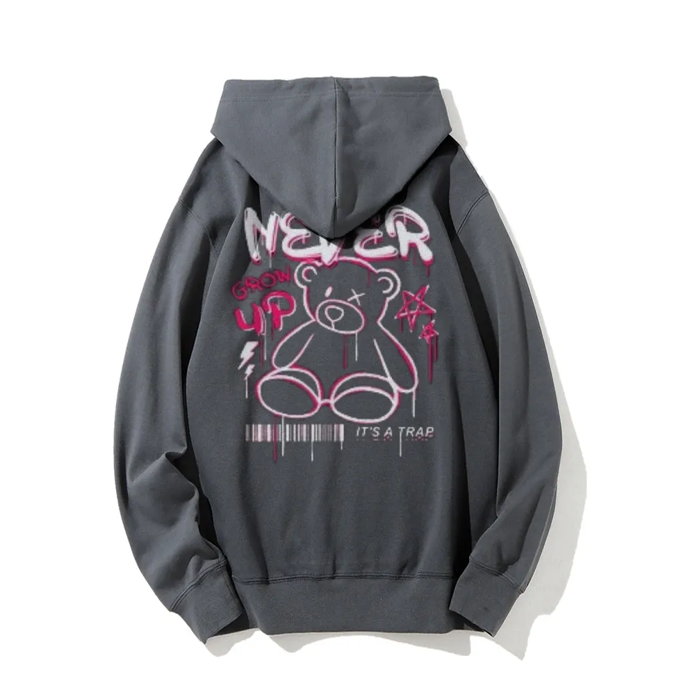 Mens NEVER GROW UP Bear Graphic Hoodies