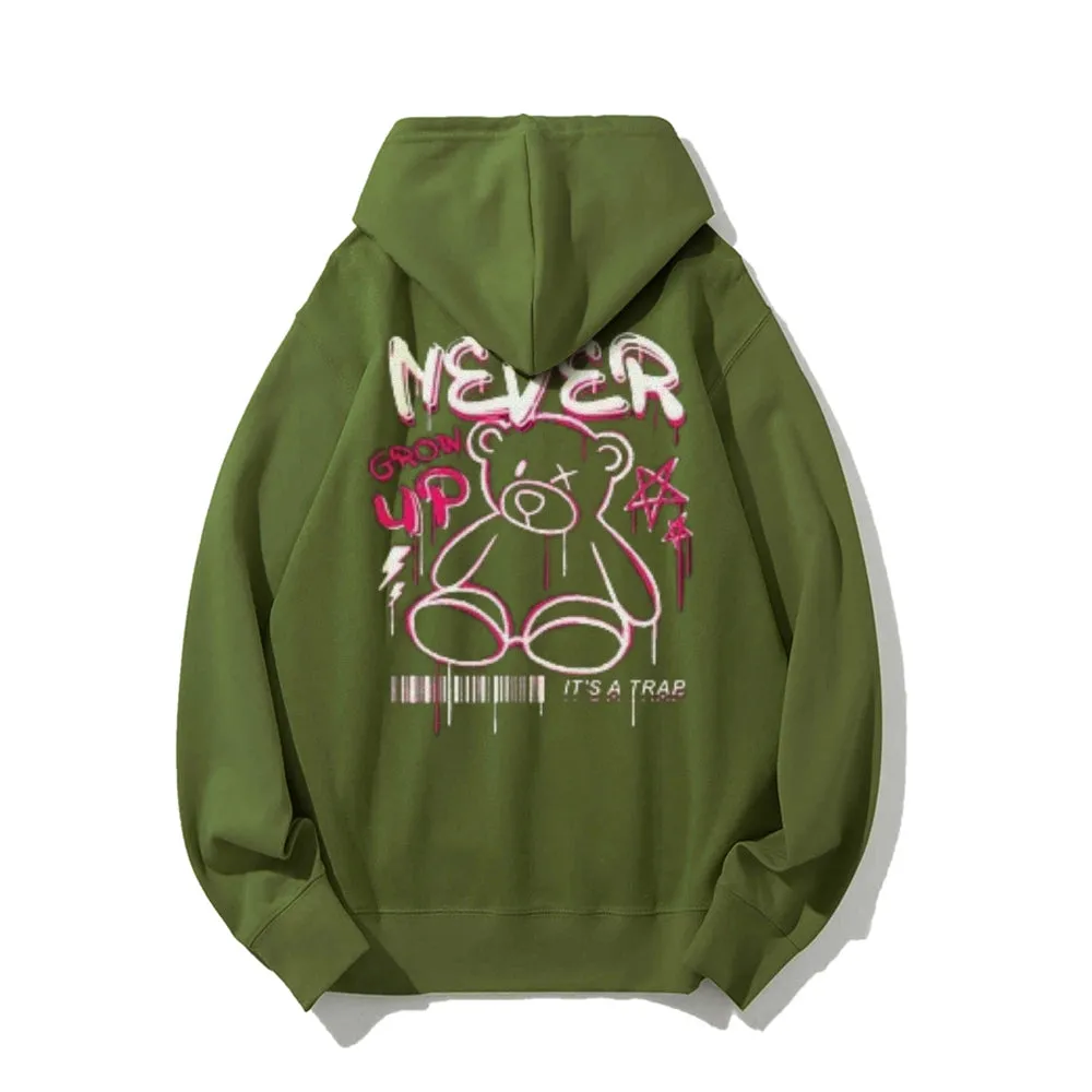 Mens NEVER GROW UP Bear Graphic Hoodies