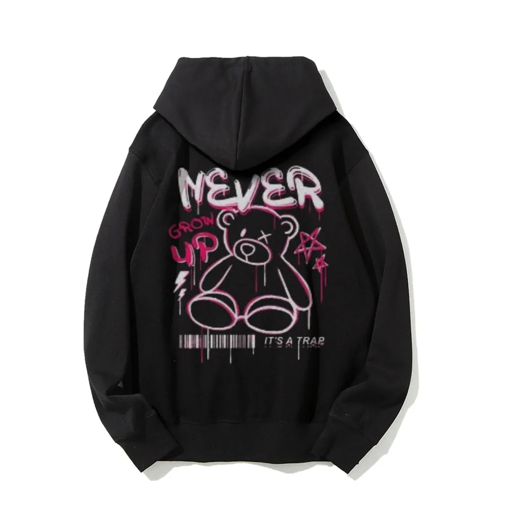 Mens NEVER GROW UP Bear Graphic Hoodies