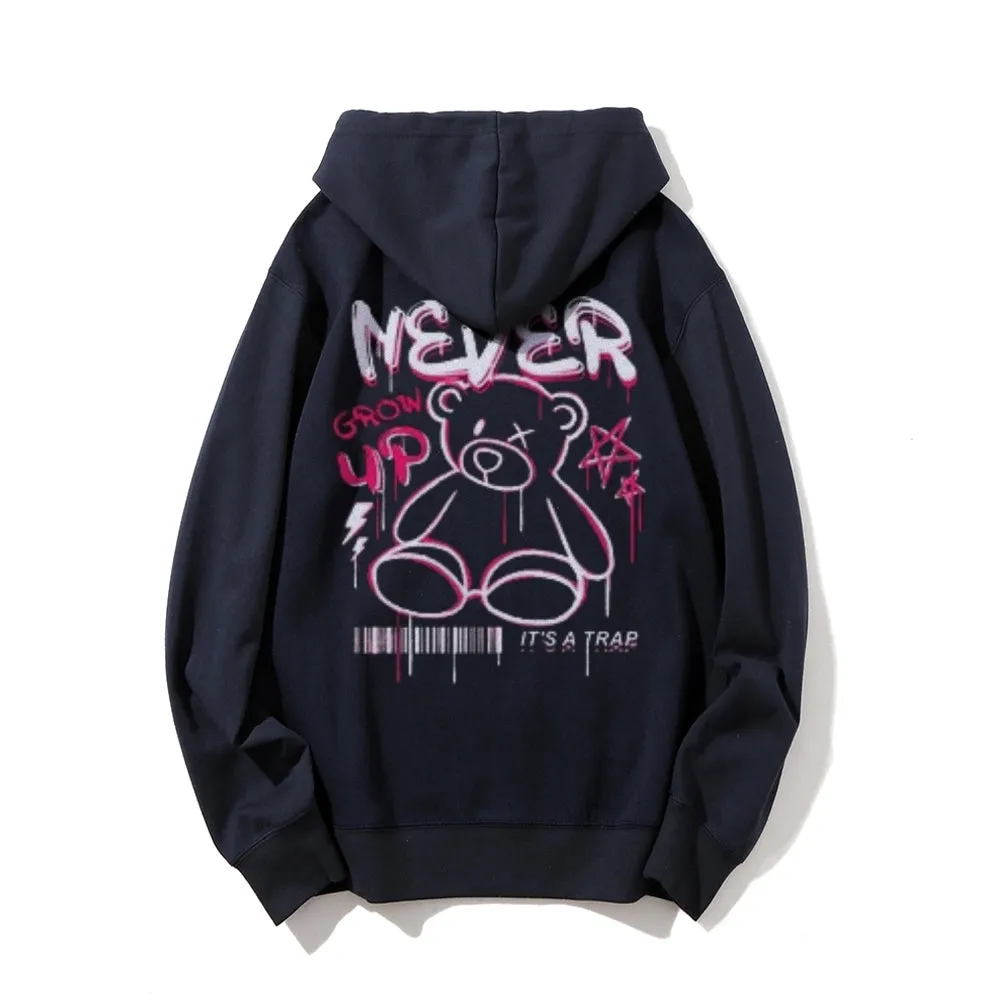 Mens NEVER GROW UP Bear Graphic Hoodies