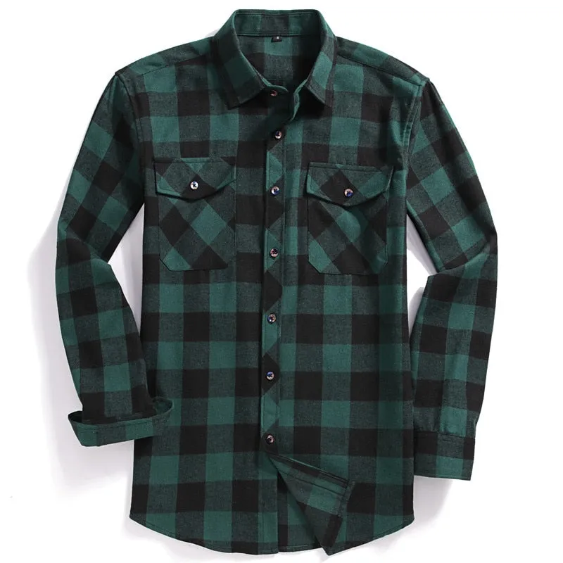 New Men Casual Plaid Flannel Shirt Long-Sleeved Chest Two Pocket Design Fashion Printed-Button (USA SIZE S M L XL 2XL)