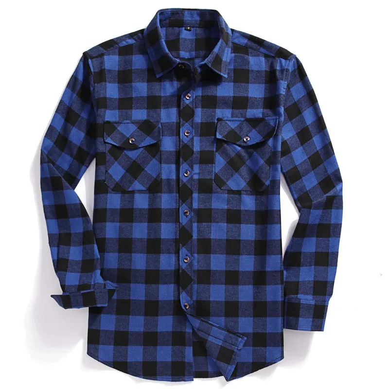 New Men Casual Plaid Flannel Shirt Long-Sleeved Chest Two Pocket Design Fashion Printed-Button (USA SIZE S M L XL 2XL)