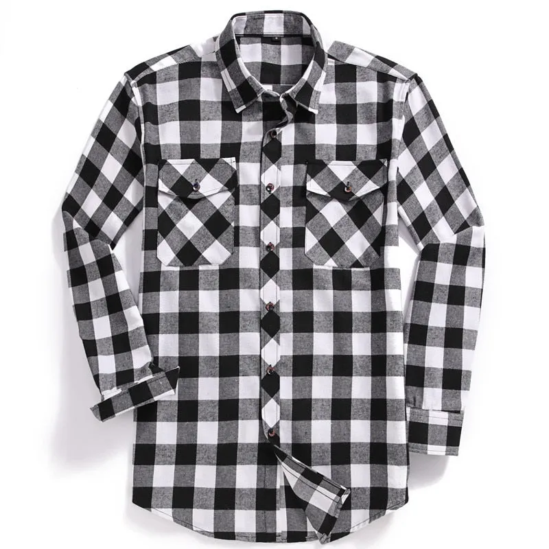 New Men Casual Plaid Flannel Shirt Long-Sleeved Chest Two Pocket Design Fashion Printed-Button (USA SIZE S M L XL 2XL)