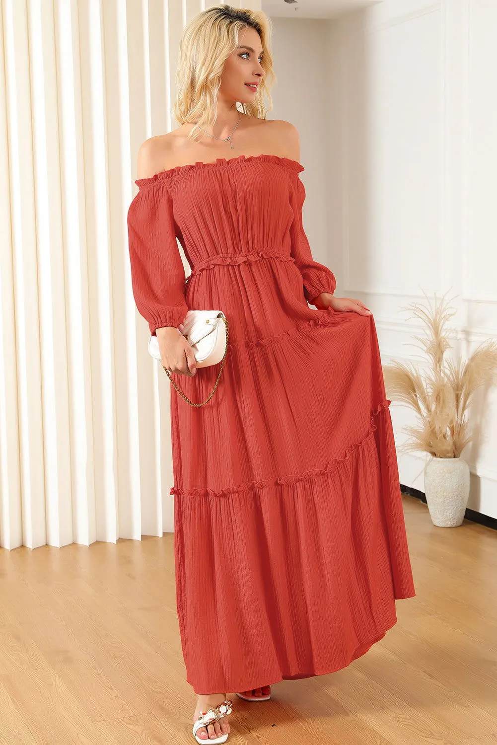 Orange Off Shoulder Balloon Sleeve Cutout Ruffled Maxi Dress