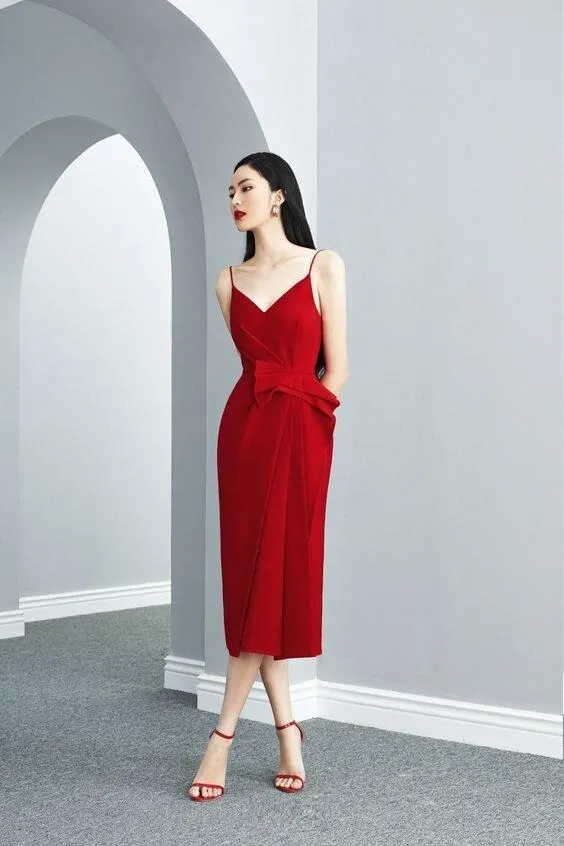 RED MORTICIA WAISTED BOW spaghetti strap MIDI DRESS - Diva