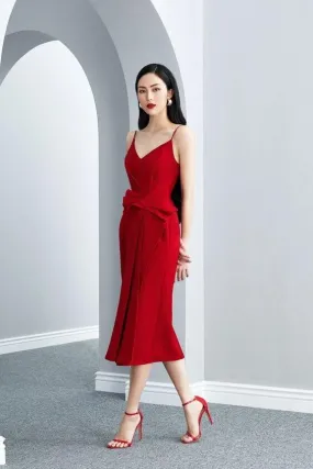 RED MORTICIA WAISTED BOW spaghetti strap MIDI DRESS - Diva