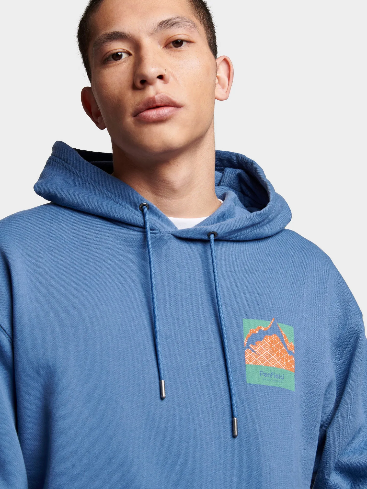 Relaxed Fit Mountain Back Print Hoodie in Blue Horizon