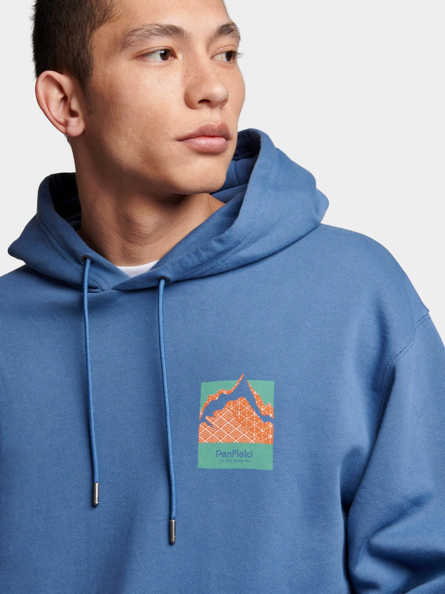 Relaxed Fit Mountain Back Print Hoodie in Blue Horizon