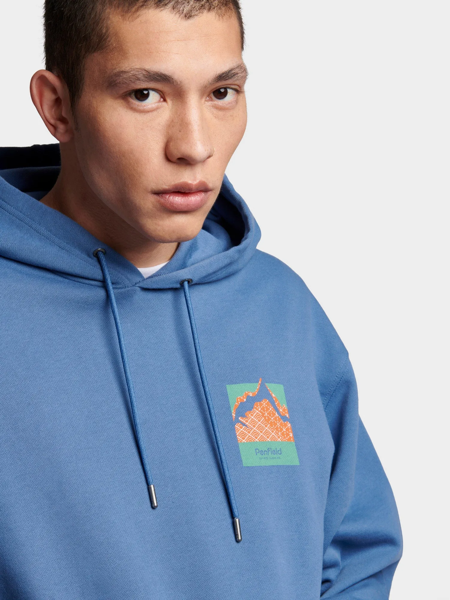 Relaxed Fit Mountain Back Print Hoodie in Blue Horizon