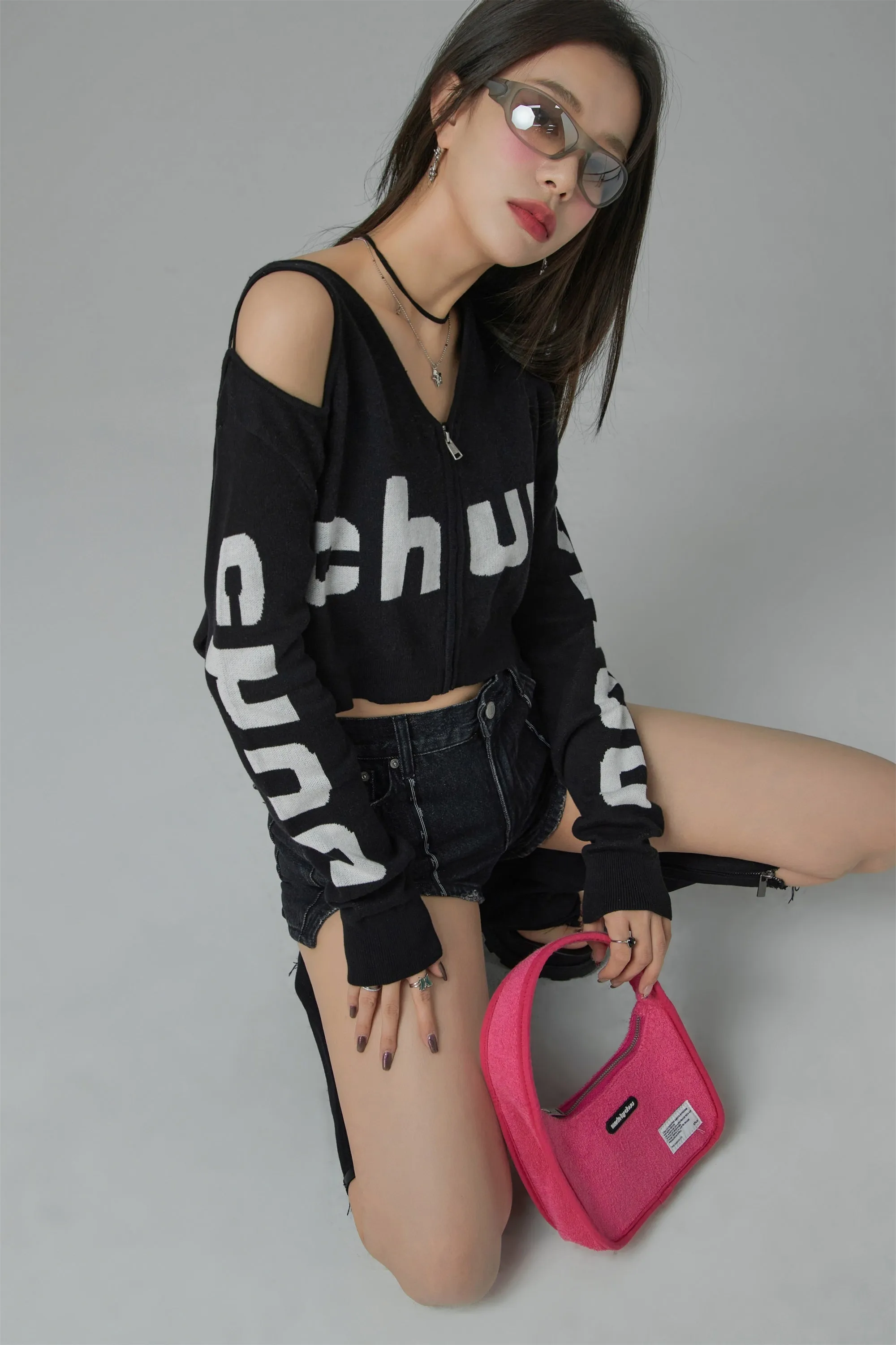 Shoulder Cut Out Crop Zip-Up