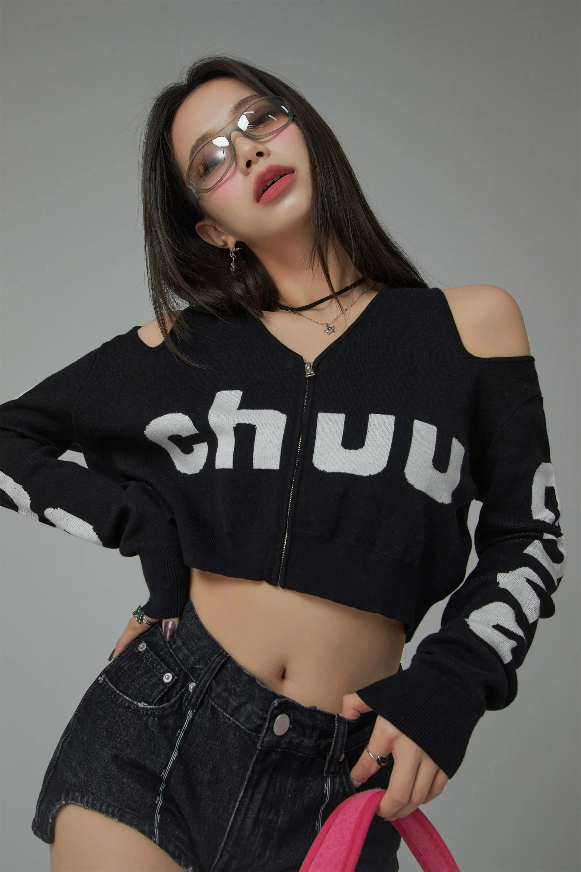 Shoulder Cut Out Crop Zip-Up