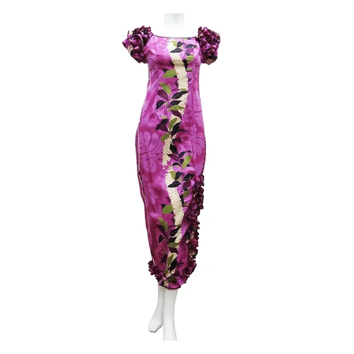 Straight Column Hawaiian Dress with Beautiful Lei Print-Purple