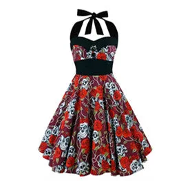 VenusFox Retro Vintage Sleeveless Halter Floral Printed Party Sexy Casual Dress