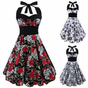 VenusFox Retro Vintage Sleeveless Halter Floral Printed Party Sexy Casual Dress