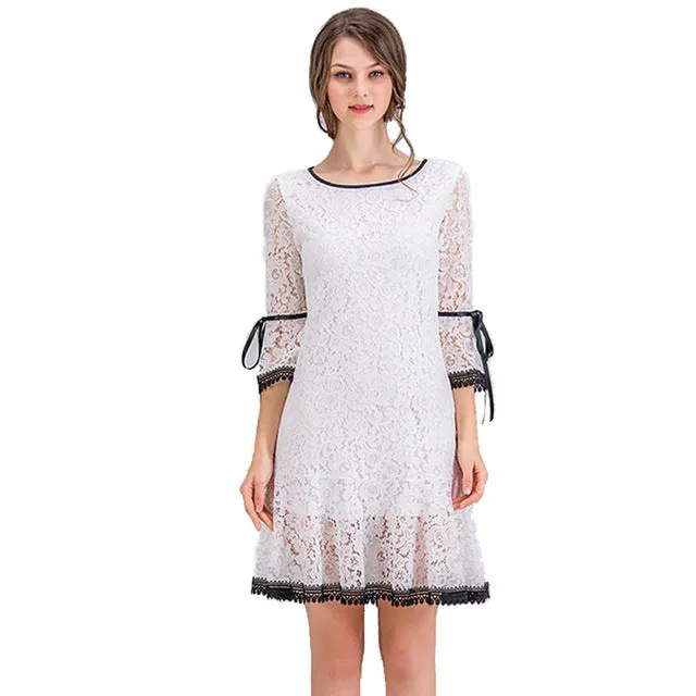 VenusFox Women Dress Elegant White Lace Flare Sleeve Dress