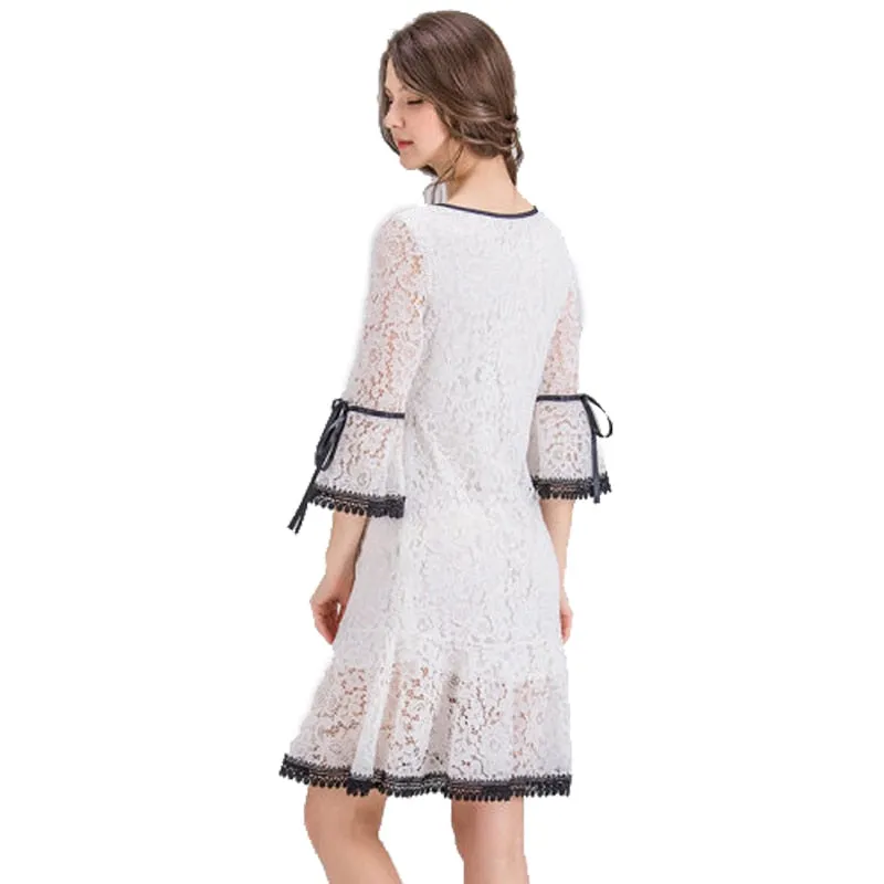 VenusFox Women Dress Elegant White Lace Flare Sleeve Dress