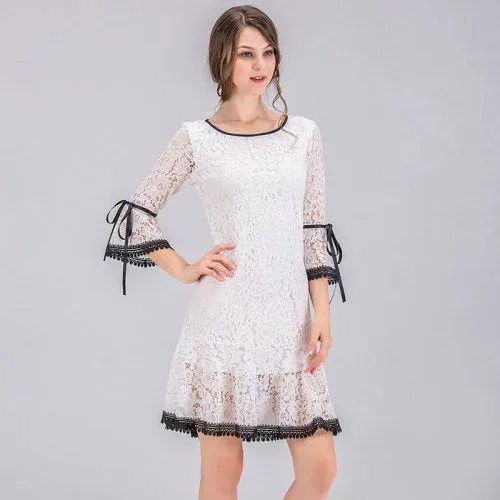 VenusFox Women Dress Elegant White Lace Flare Sleeve Dress