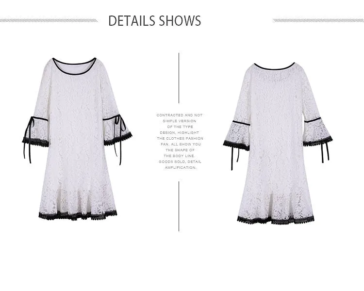 VenusFox Women Dress Elegant White Lace Flare Sleeve Dress