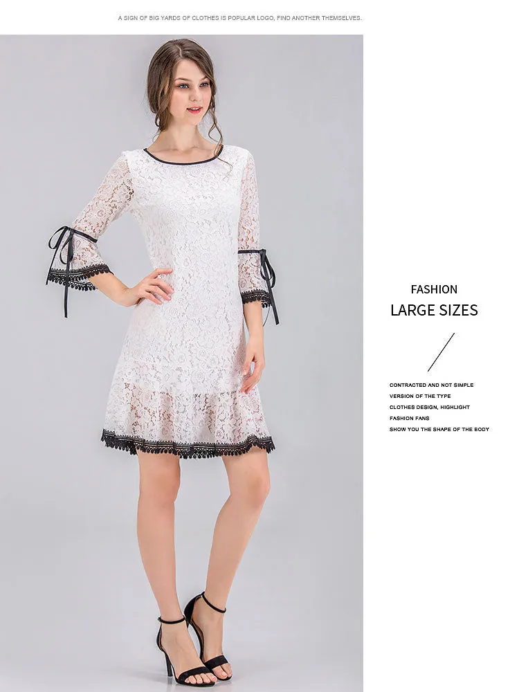 VenusFox Women Dress Elegant White Lace Flare Sleeve Dress